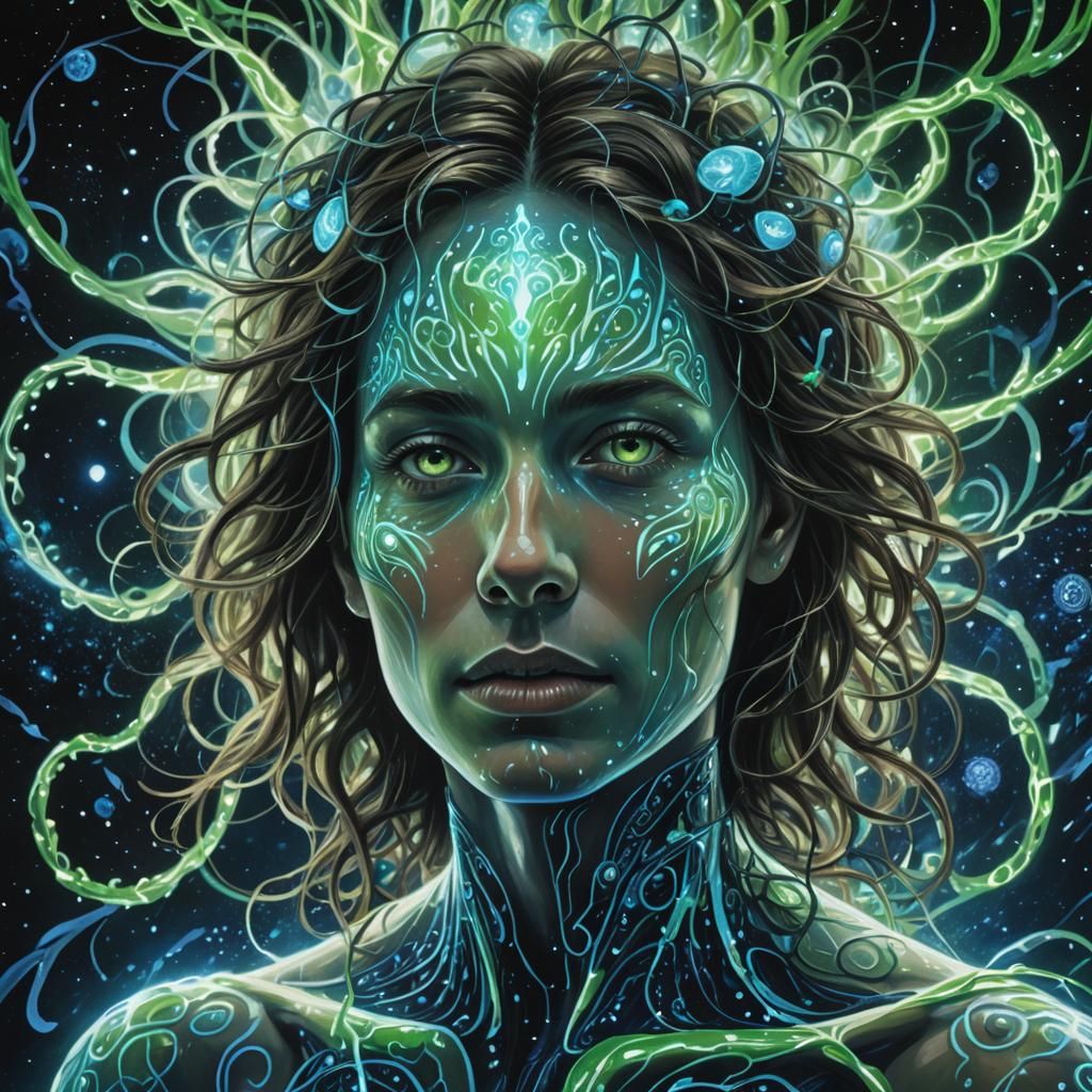 Surreal Bioluminescent Mind Radiating Light in Deep Space