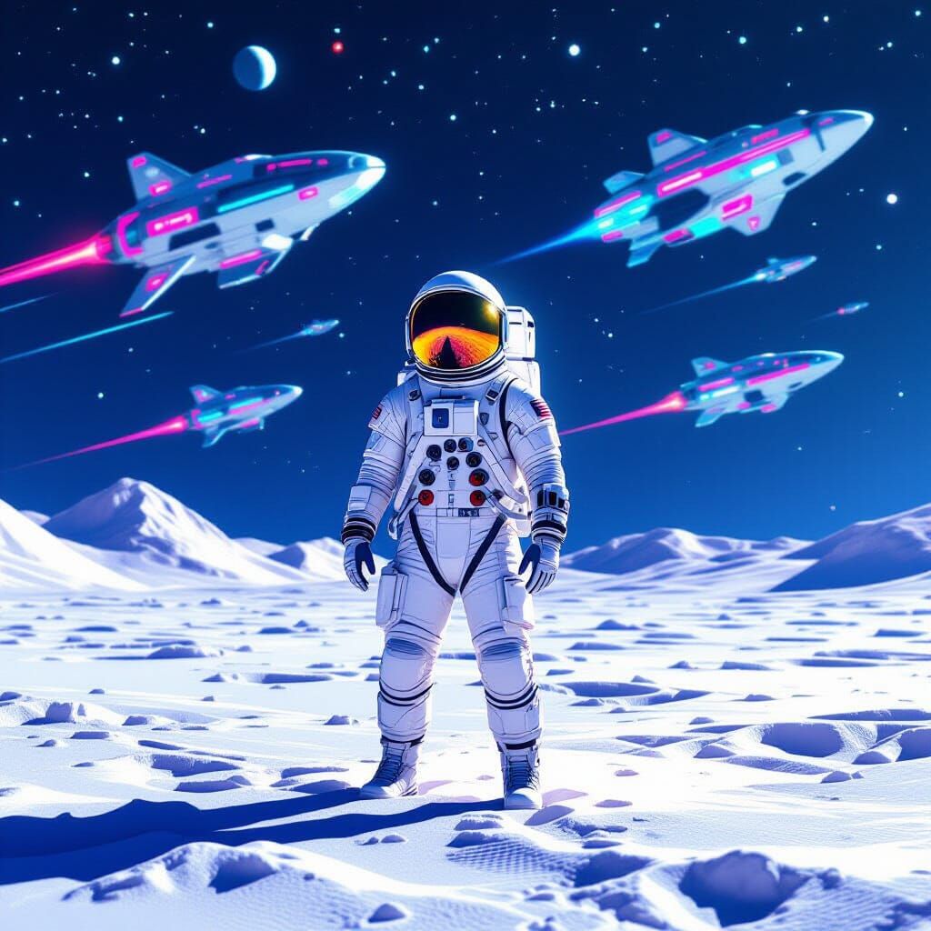 Astronaut on Moon with Neon Spaceships in Retro-Futuristic S...