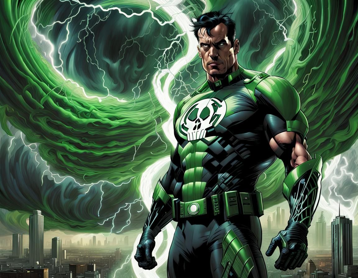 Green Lantern Punisher Amalgamation in Dystopian Thunderstor...