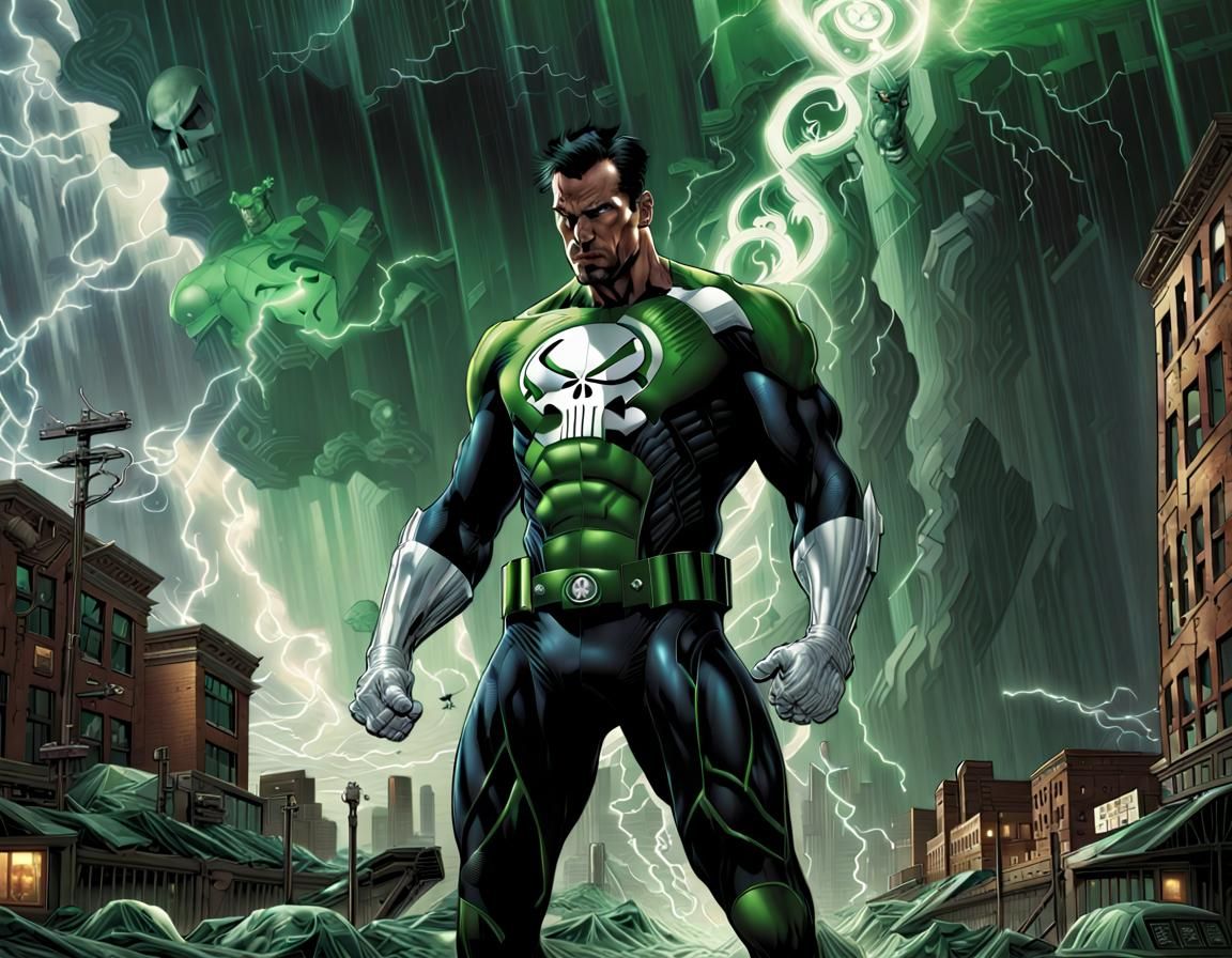 Green Lantern Punisher Fusion in Dystopian Storm