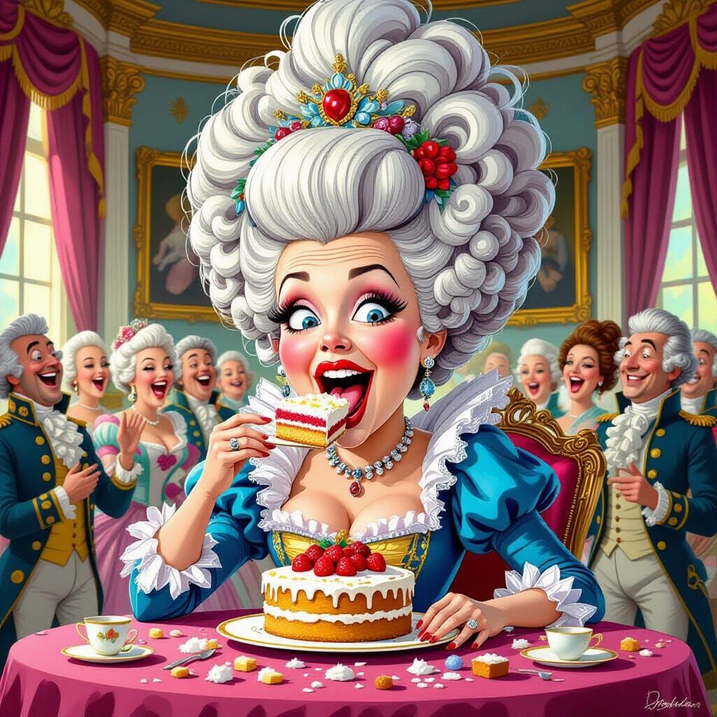 Caricatured Marie Antoinette Enjoys Cake in Royal Ballroom