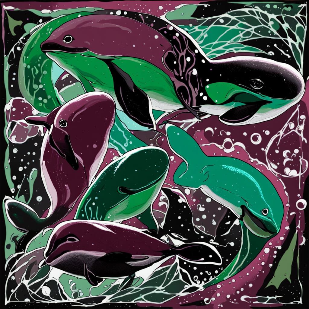 Dolphins in Burgundy and Green Glass Art