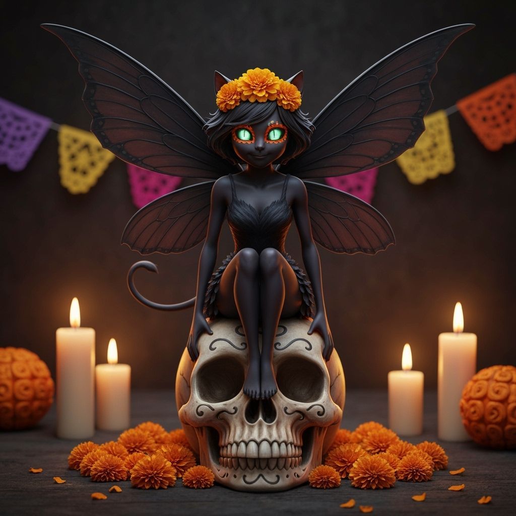 Cat Fairy on Skull with Marigold Crown
