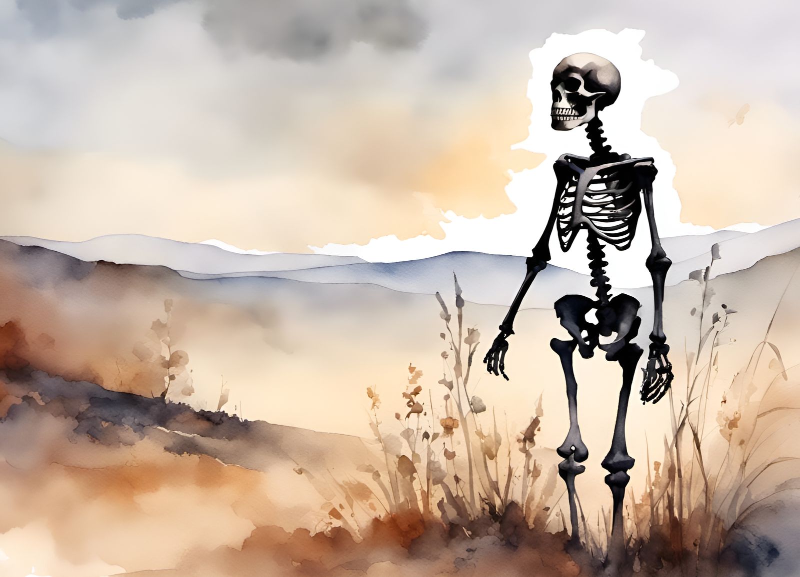 Skeleton in Watercolor Landscape Painting