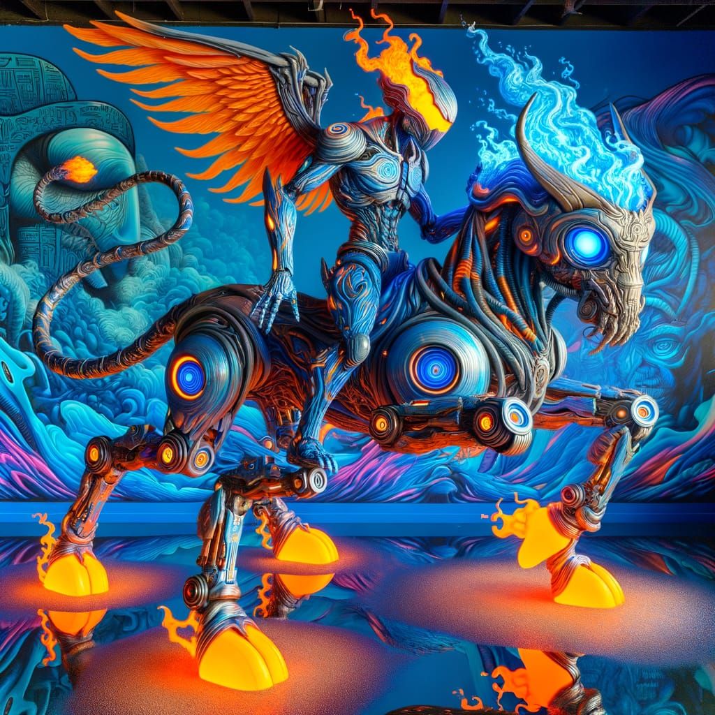 Futuristic Phoenix-Dragon Alien Riding Mechanical Ox