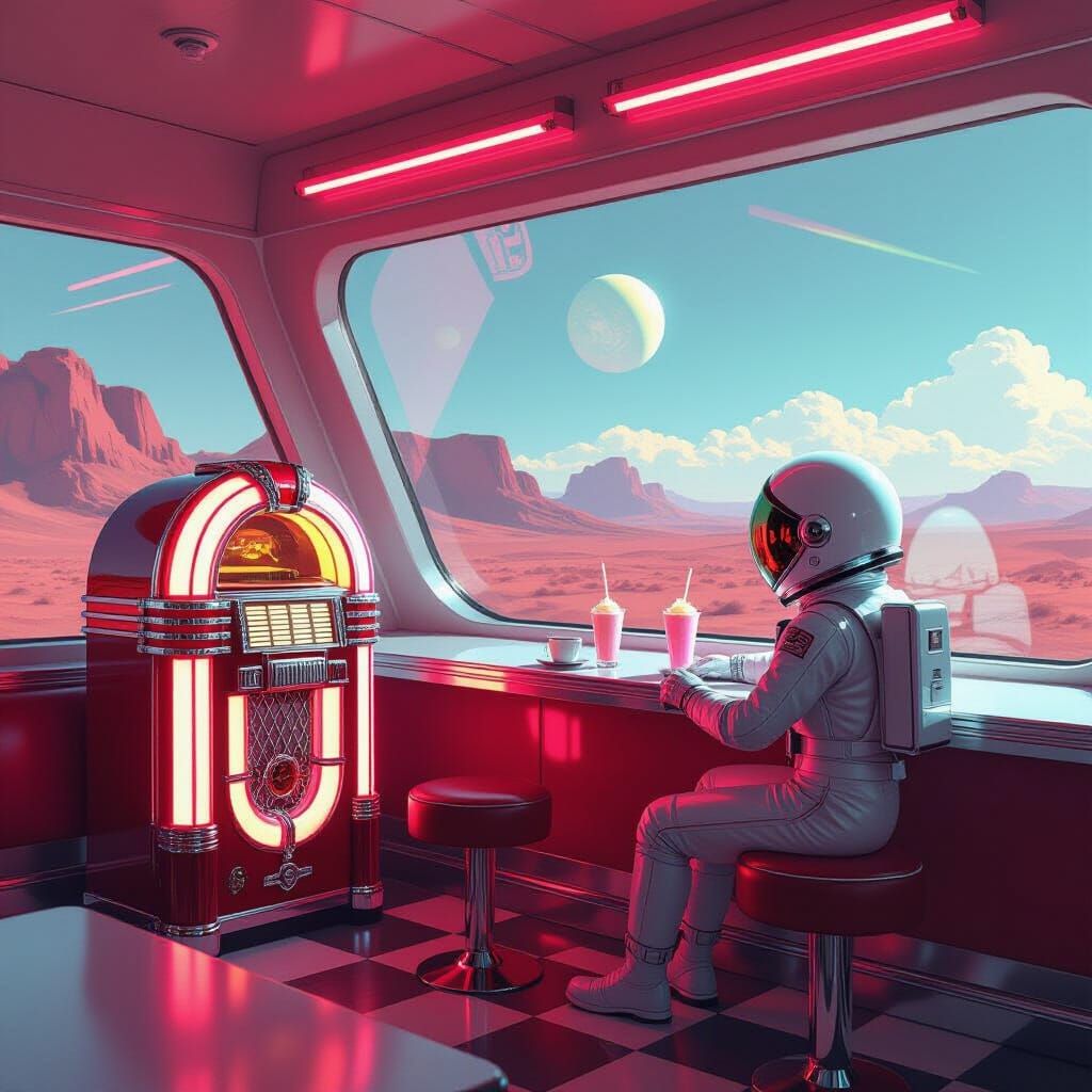 Retro-Futuristic Martian Diner with Holographic Waitress