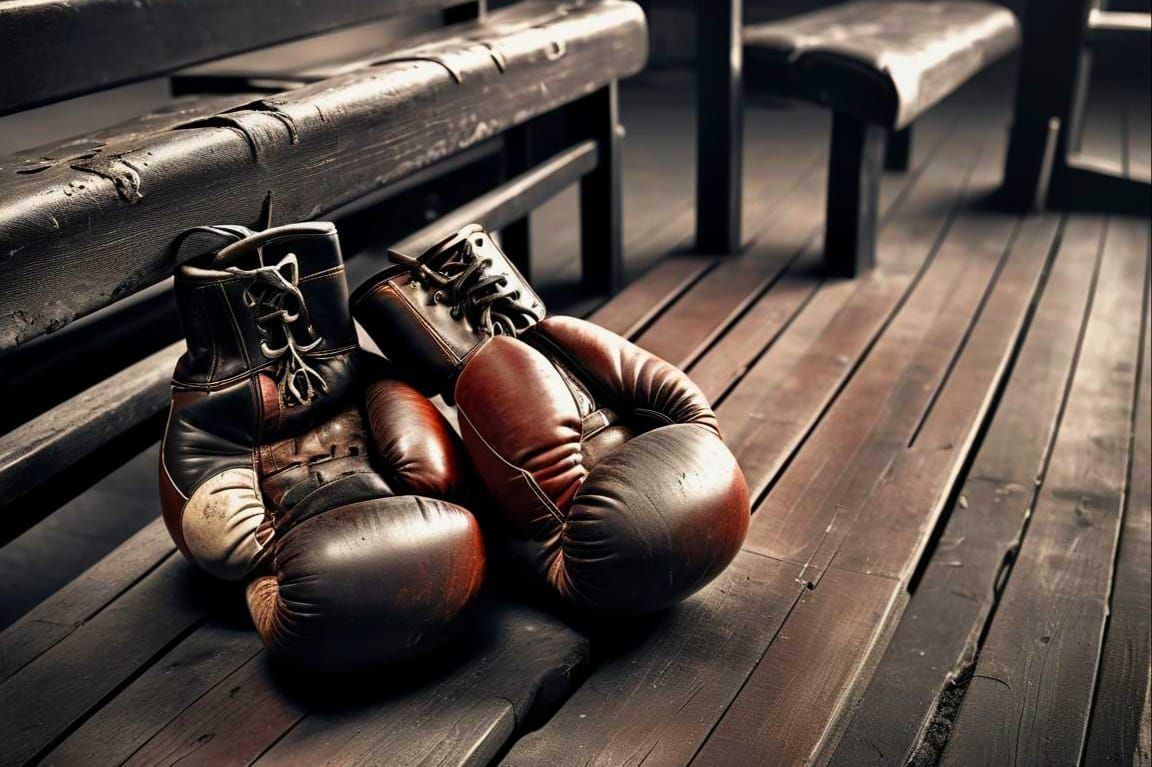 Monochrome Photo of Old Boxing Gloves in Gym