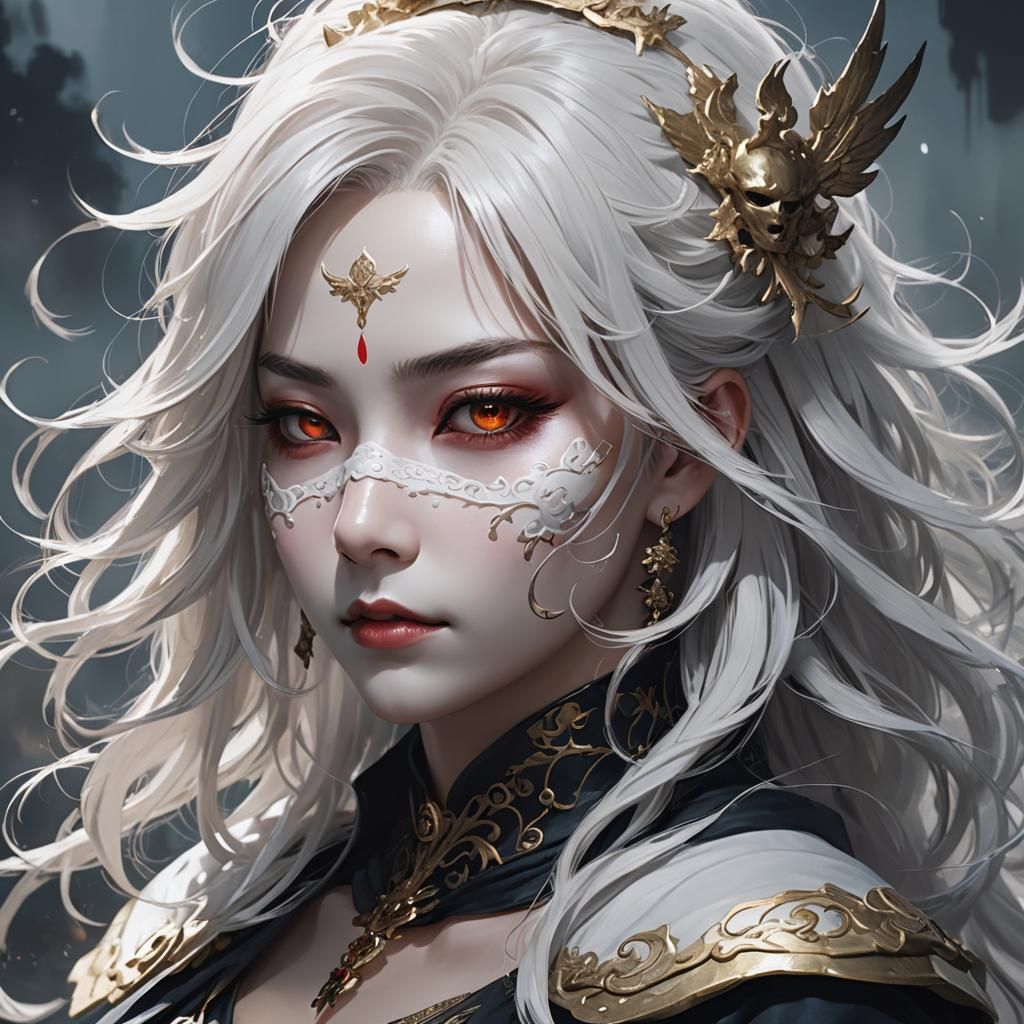Woman with White Hair and Mask: Detailed Matte Painting