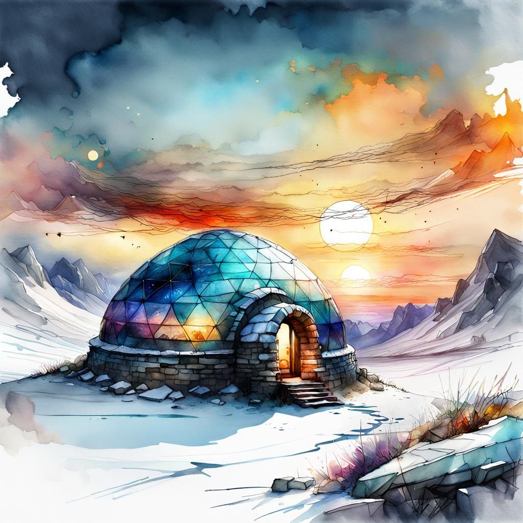 Magnificent Igloo in Fantasy Landscape: Digital Watercolor