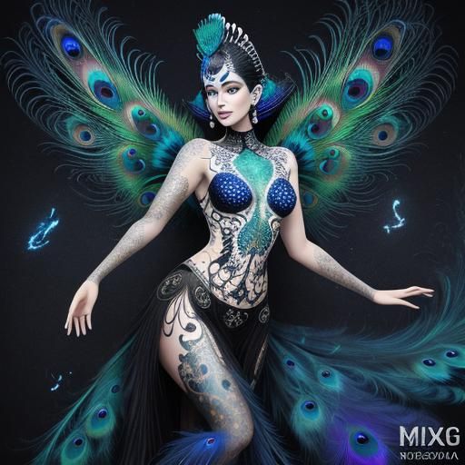 Surreal Woman with Peacock Feathers, Astral Illustration