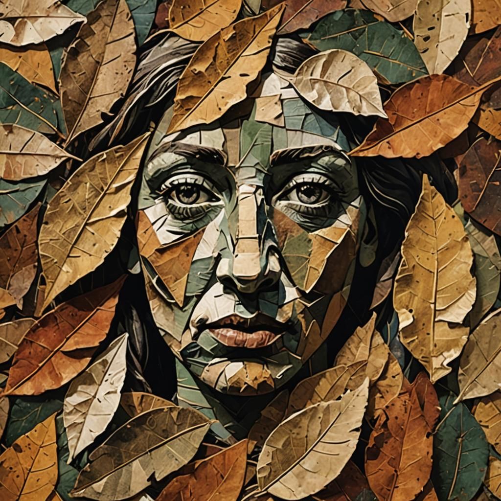 Picasso-esque Leaf Collage of Woman's Face