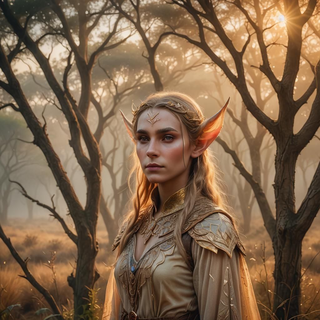 Ethereal Elf Portrait in Misty African Savannah