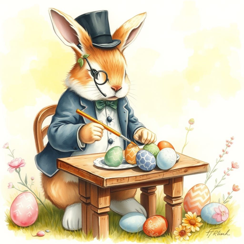 Whimsical Easter Bunny Paints Eggs in Watercolor Style