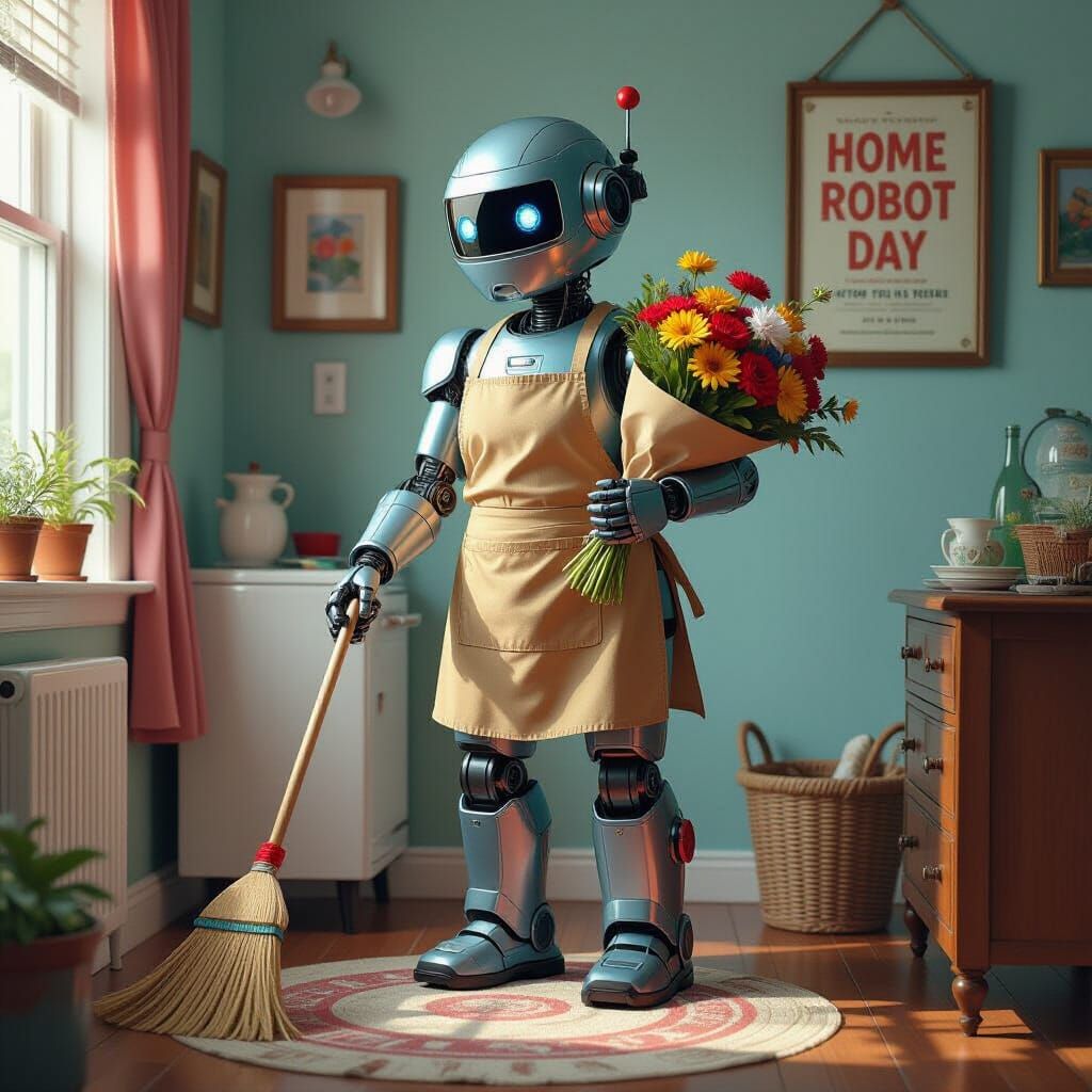 Robot Housekeeper with Flowers, Hyperrealistic Splash Art