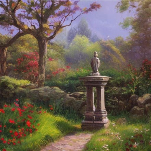 Forgotten Garden Sanctuary in Whimsical Oil Painting Style