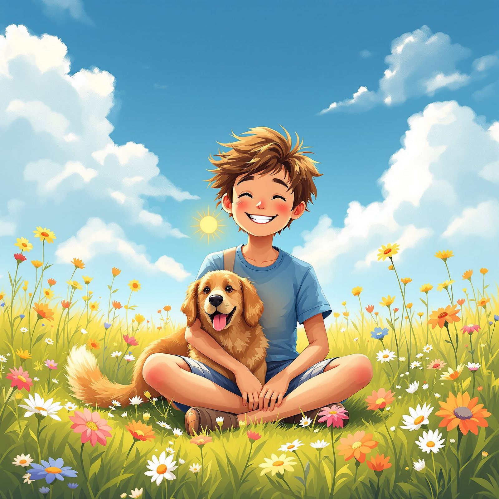 Boy and Dog in Wildflower Meadow Illustration