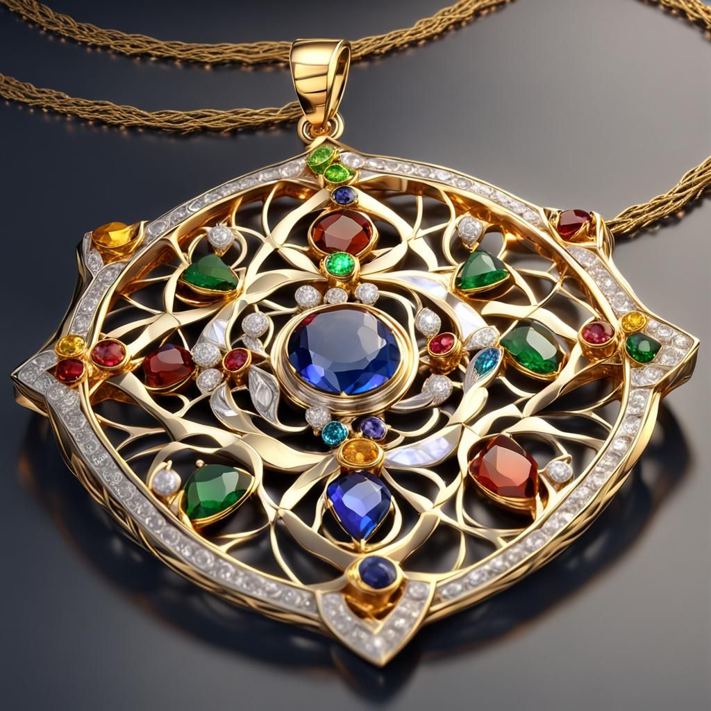 Gold and Silver Navratna Gemstone Pendant in 3D