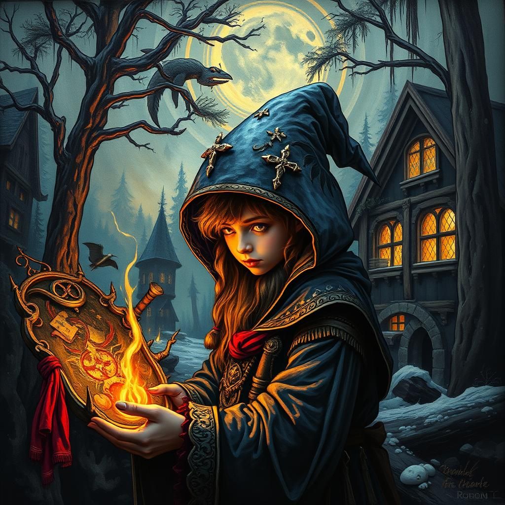 Medieval Magician's Apprentice in Oil with Hypnotic Designs