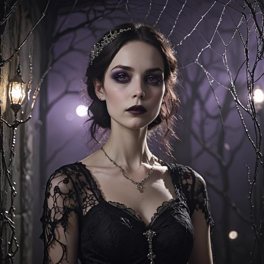 Gothic Woman in Lacy Dress with Silver Accessories