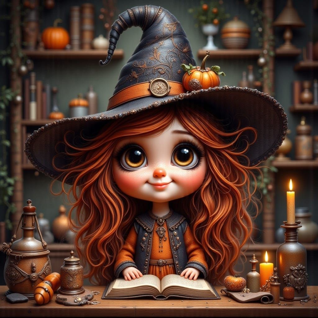 Whimsical Halloween Witch Reading Spell Book