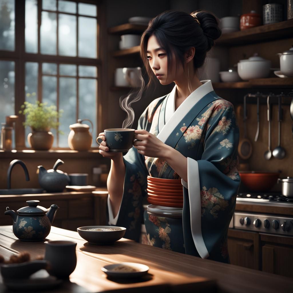 Japanese Woman's Morning Coffee: Detailed Matte Painting