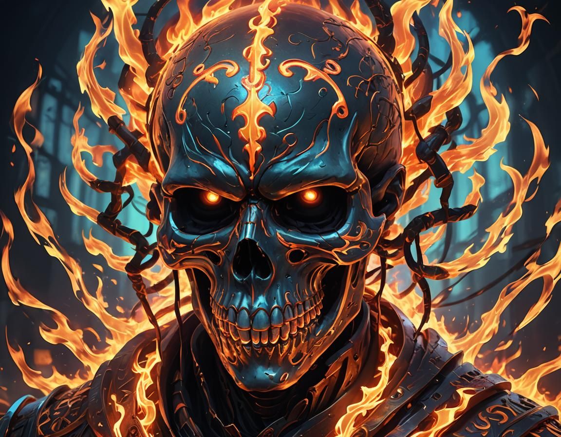 Flaming Skull with Glowing Runes in Anime Style
