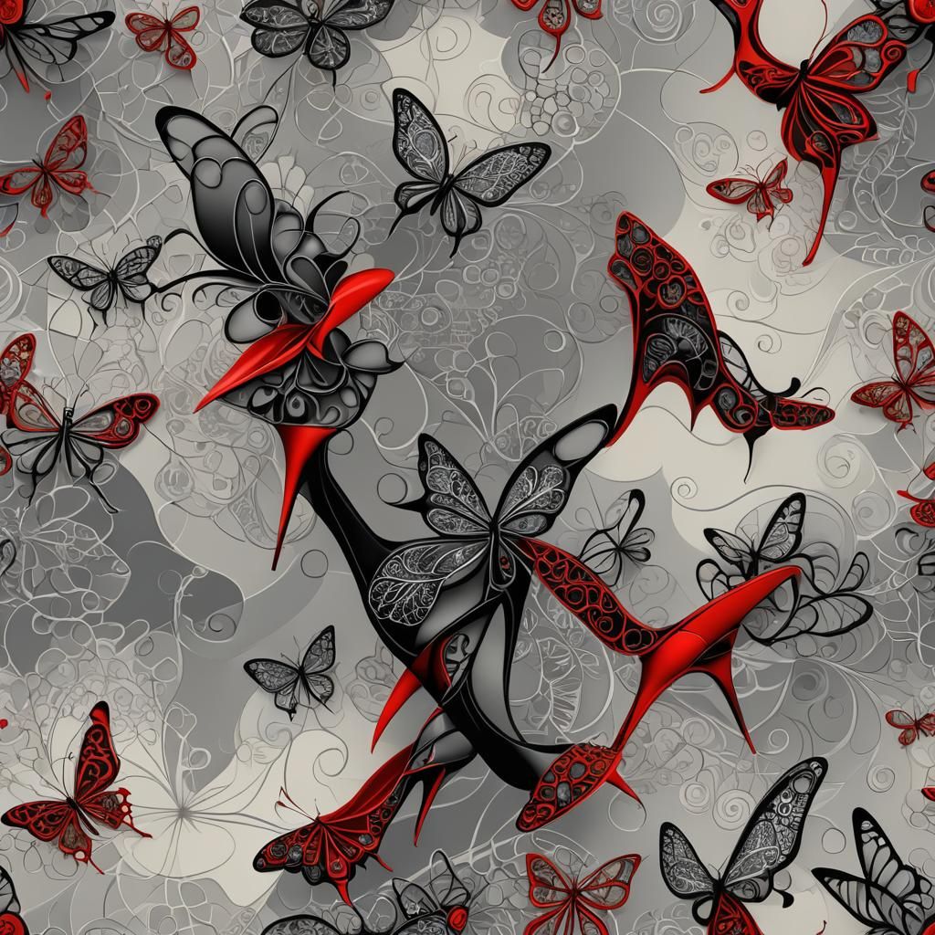 Red and Black Dragonfly Woman with High Heels