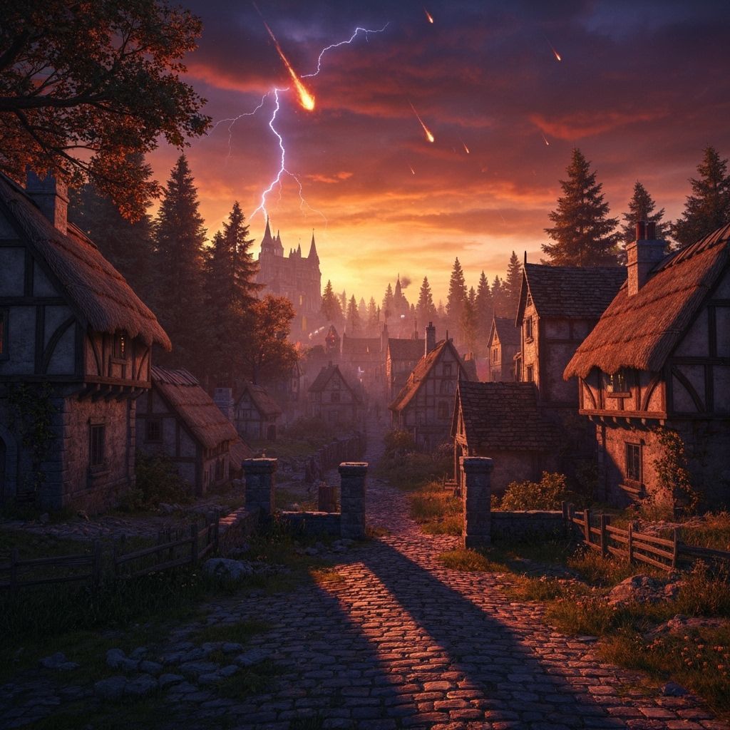 Medieval City Ablaze Under Meteor Shower Sunset