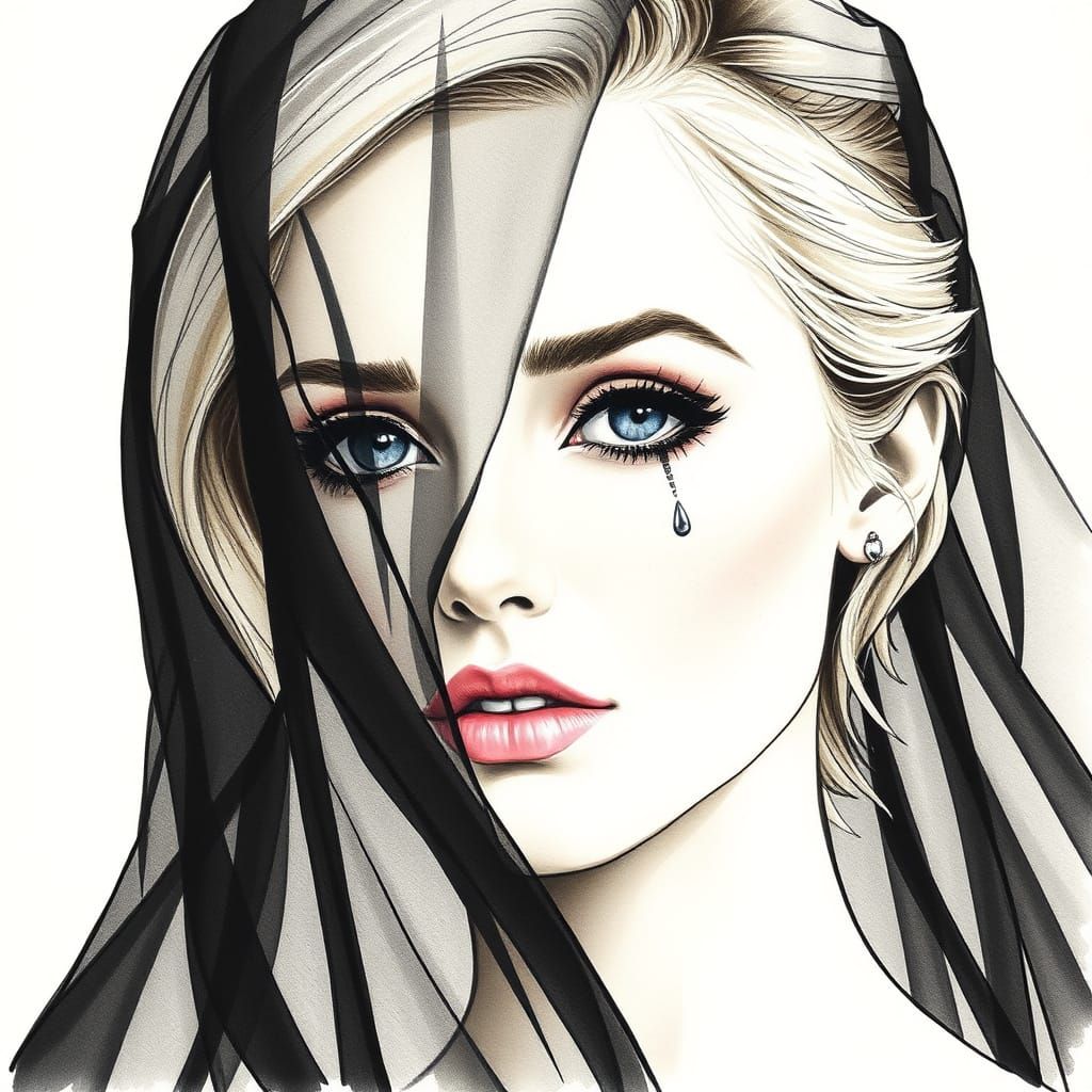 Mysterious Veiled Beauty in Ink Wash Style