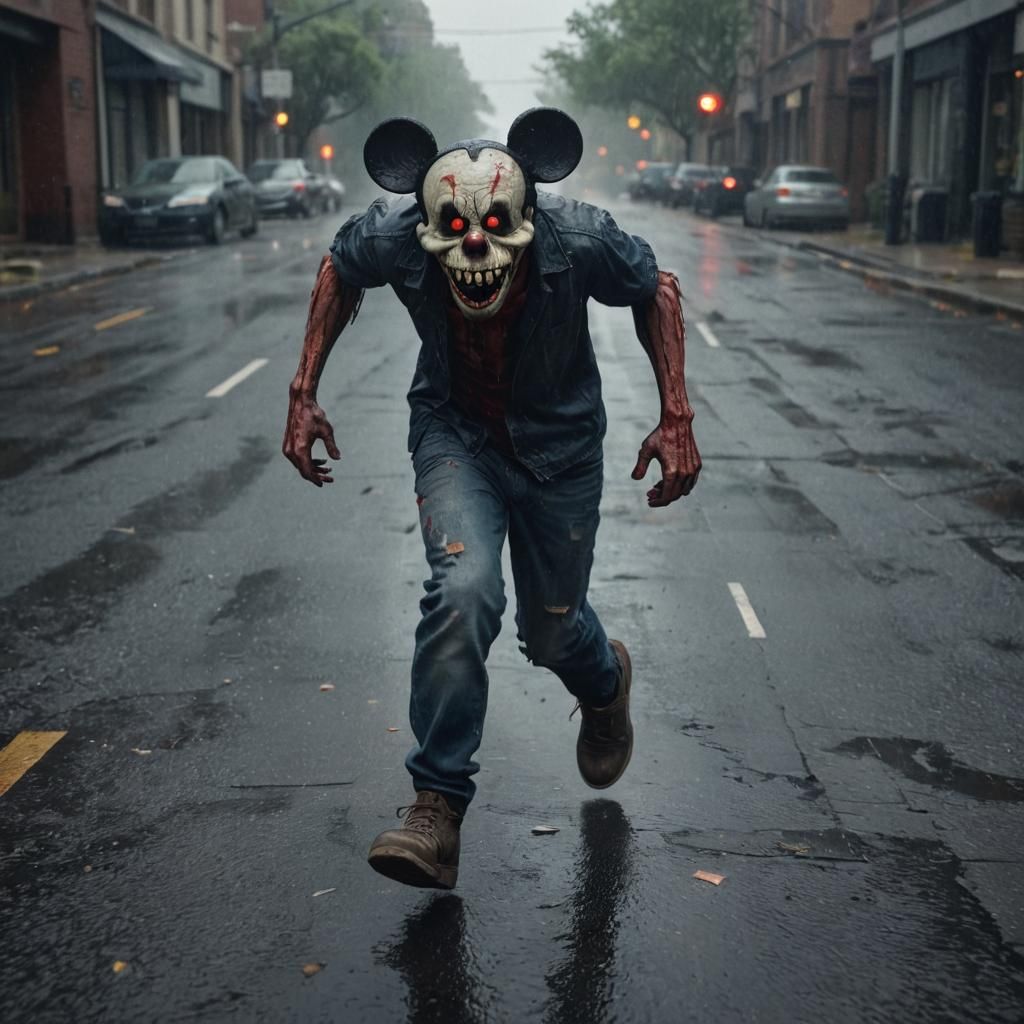 Zombie Mickey Mouse Mask in Rainy Horror Scene
