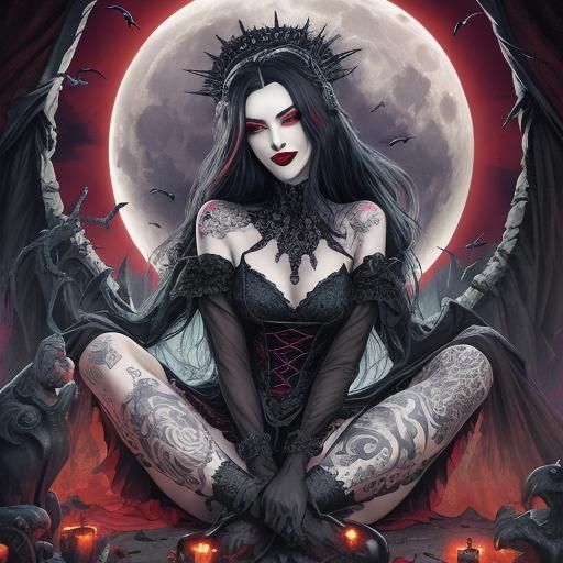 three alluring enchantingly beautiful, venomous  female vampire laughing with  blood- red lips and silky hair flowing in...