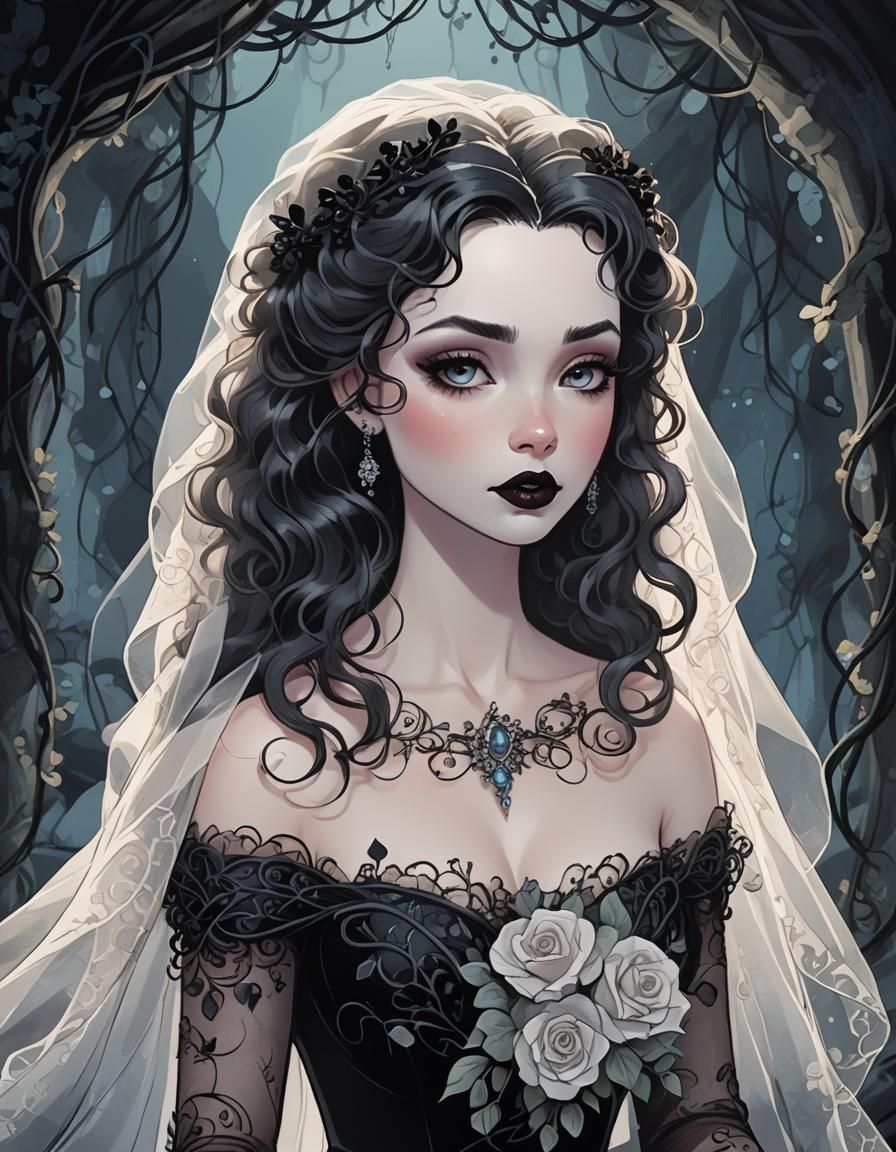 Gothic Bride in Ice Cave, Cel-Shaded Digital Art