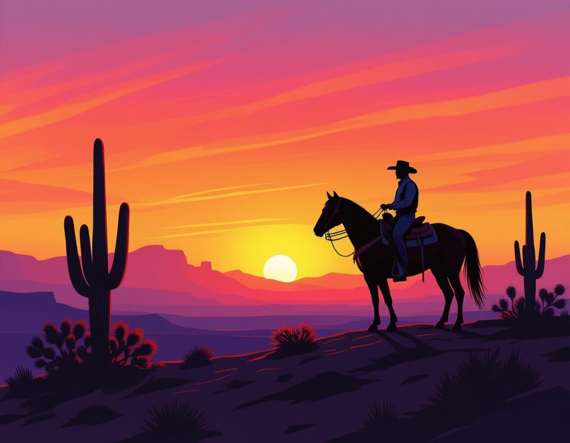 Cowboy Silhouette on Desert Ridge in Airbrush Style