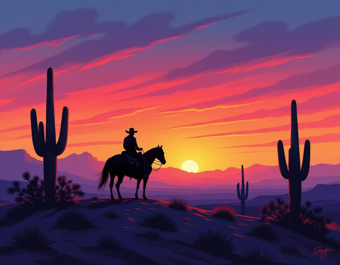 Cowboy Silhouette on Desert Ridge in Airbrush Style