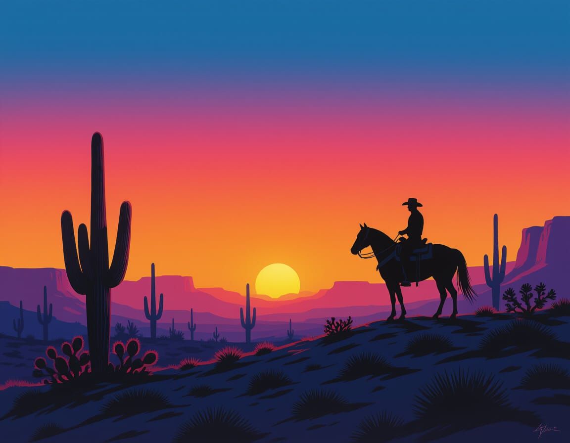Cowboy Silhouette on Desert Ridge in Airbrush Style