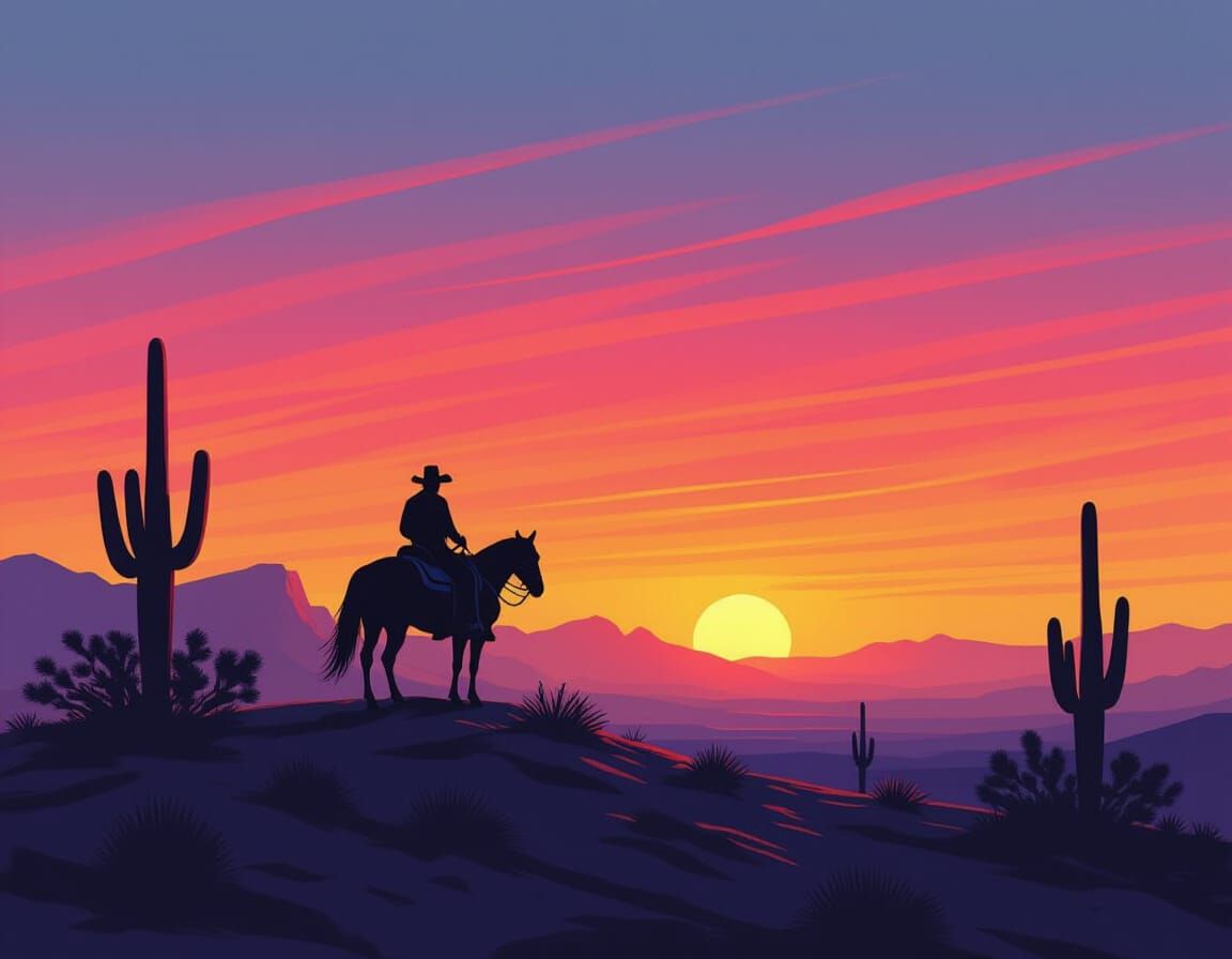 Lone Cowboy on Desert Ridge in 80s Airbrush Style