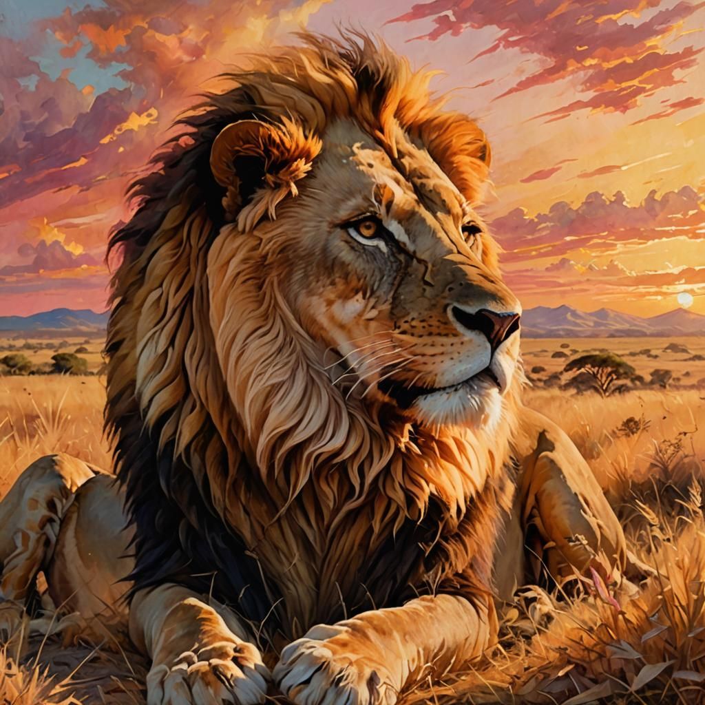Majestic Lion Portrait in Golden Savannah: Oil Painting