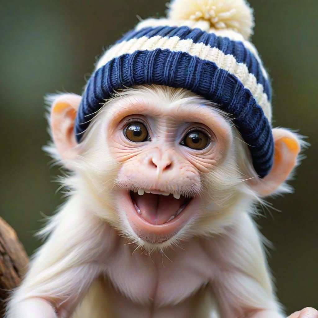 Albino Monkey Smiling with Striped Beanie Hat