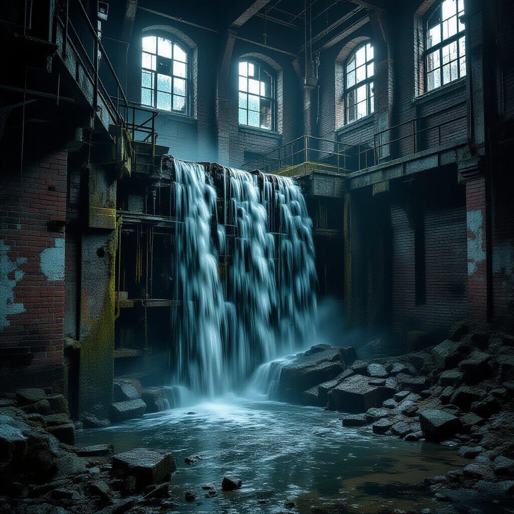 Waterfall Nature Reclaims Abandoned Factory in Dystopian Sty...