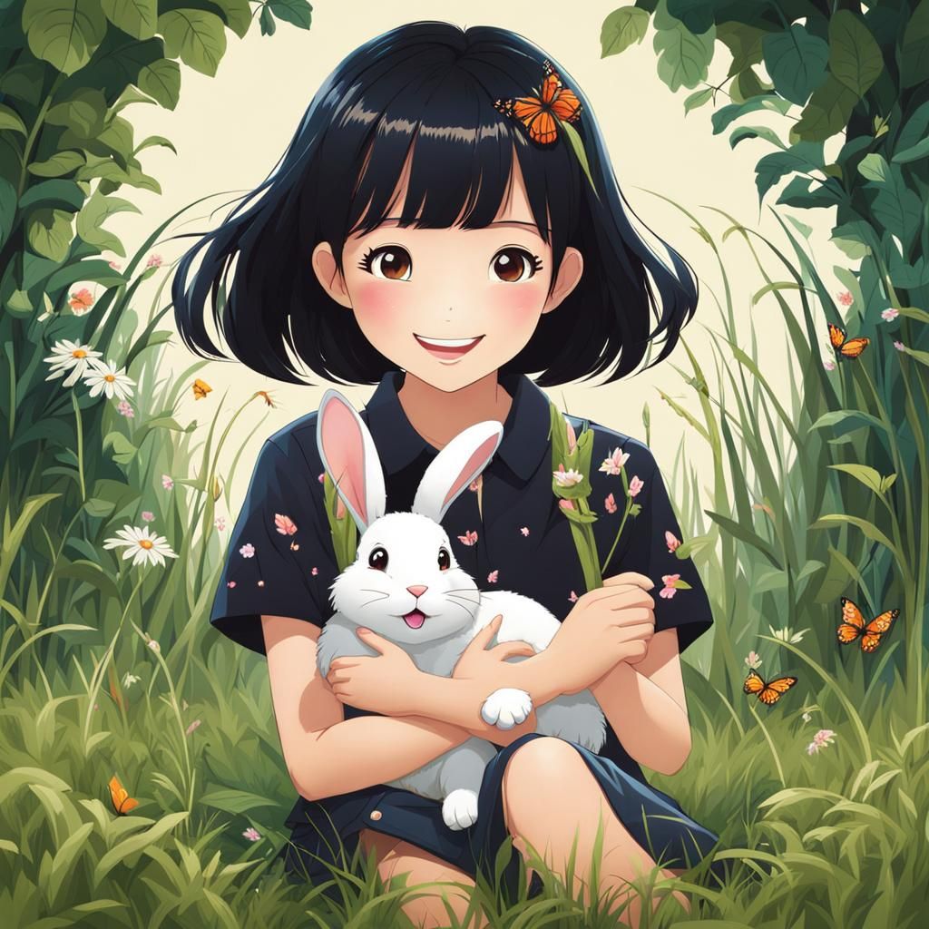 Girl with Rabbit Shirt in Grassy Field