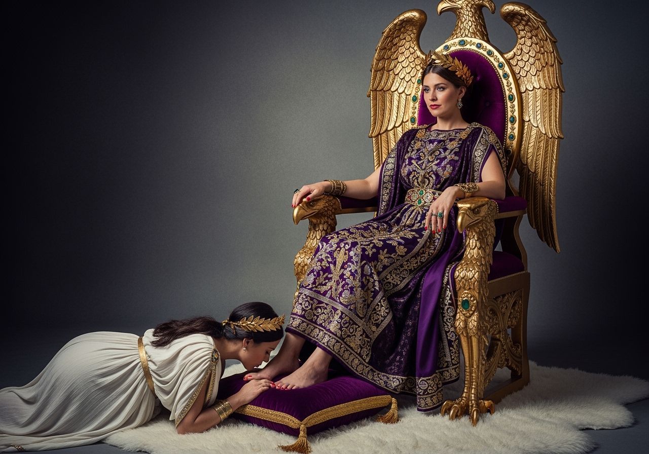 Regal Roman Empress on Emerald and Gold Throne