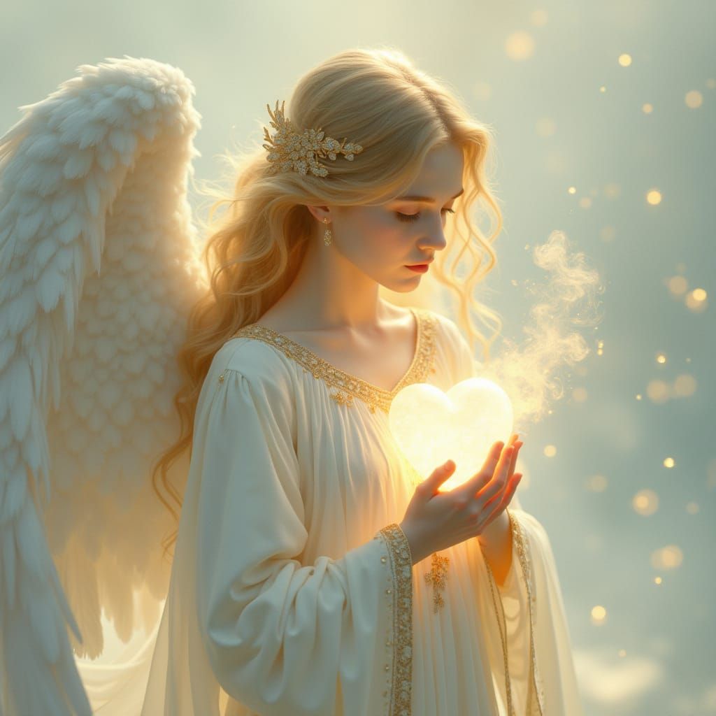 Angel Contemplates Radiant Crystal Heart