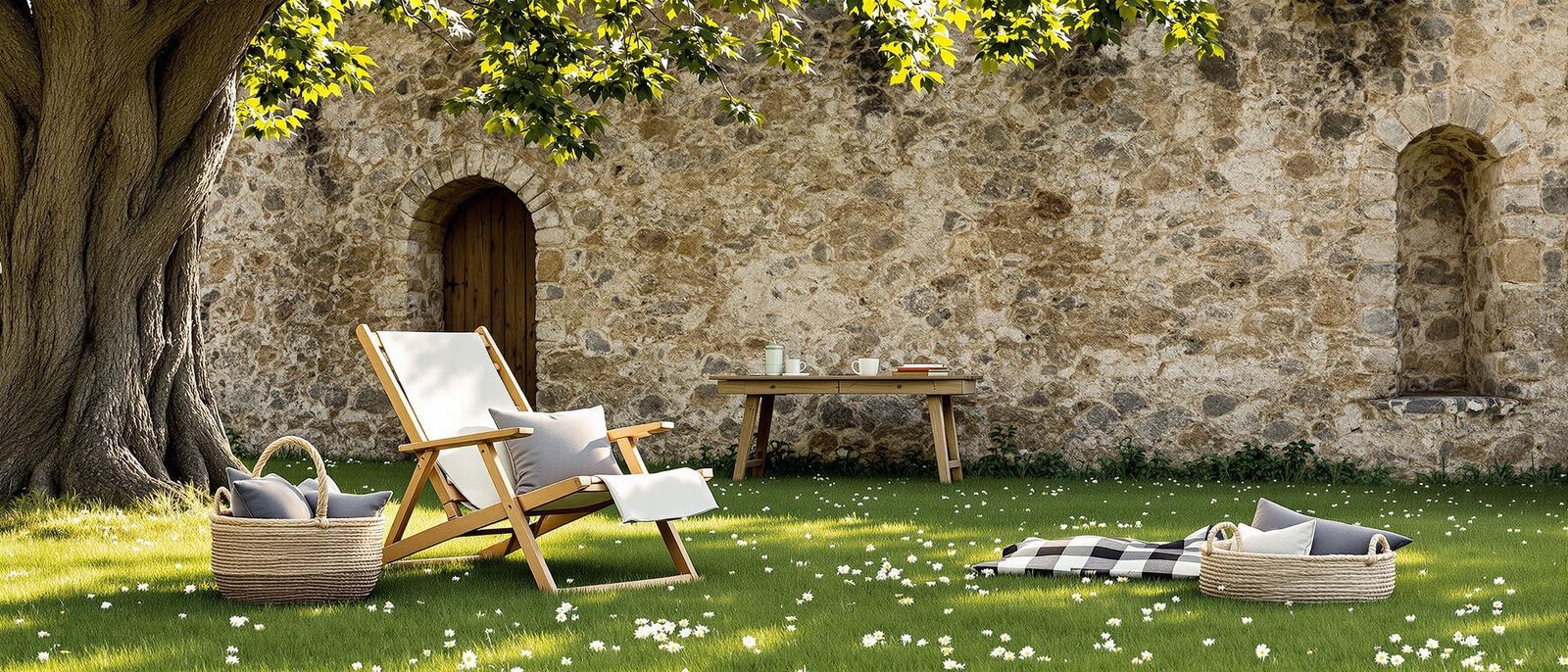 Ancient Stone Wall Oasis in Soft Radiant Light