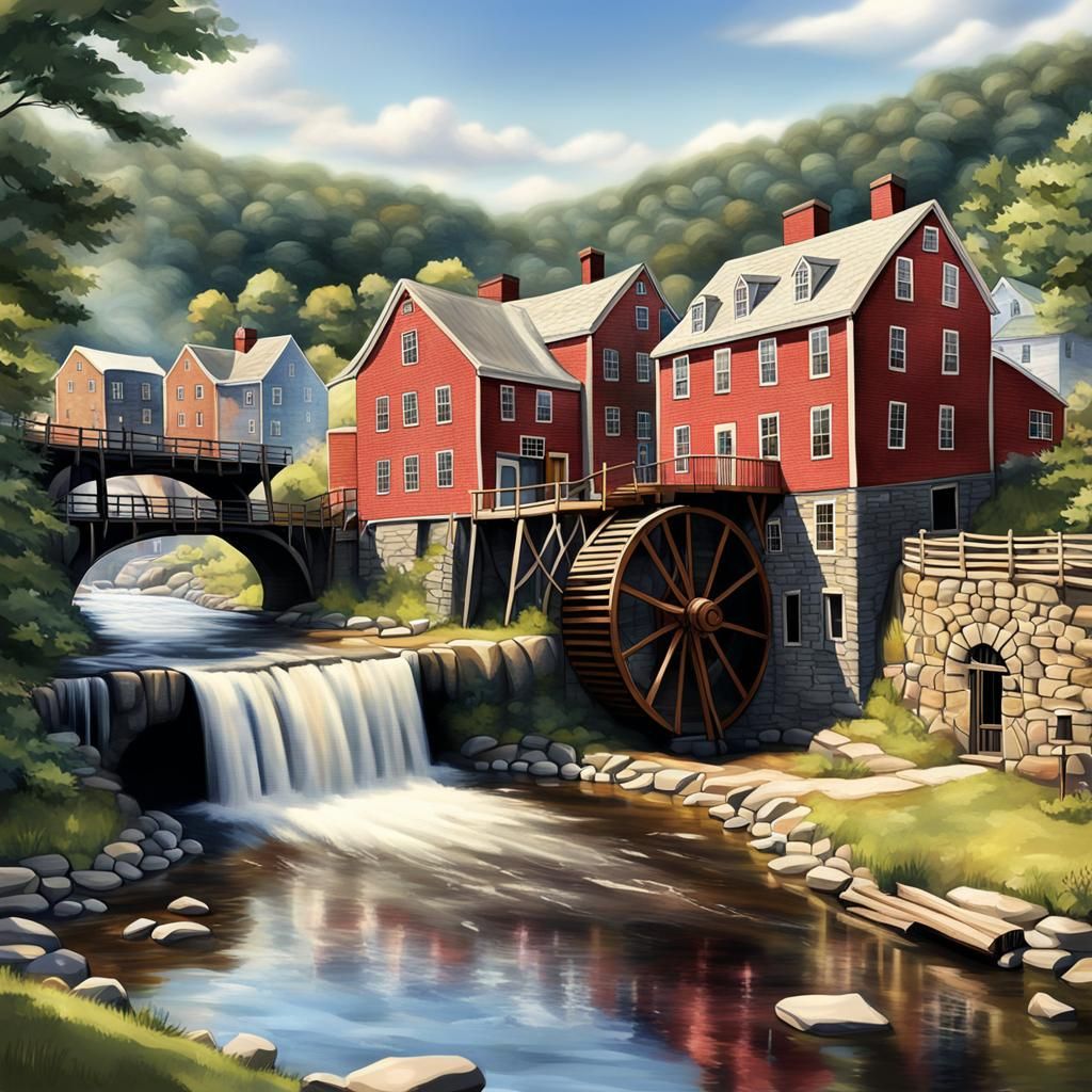 18th Century New England Mill Town in Whimsical Comic Art St...
