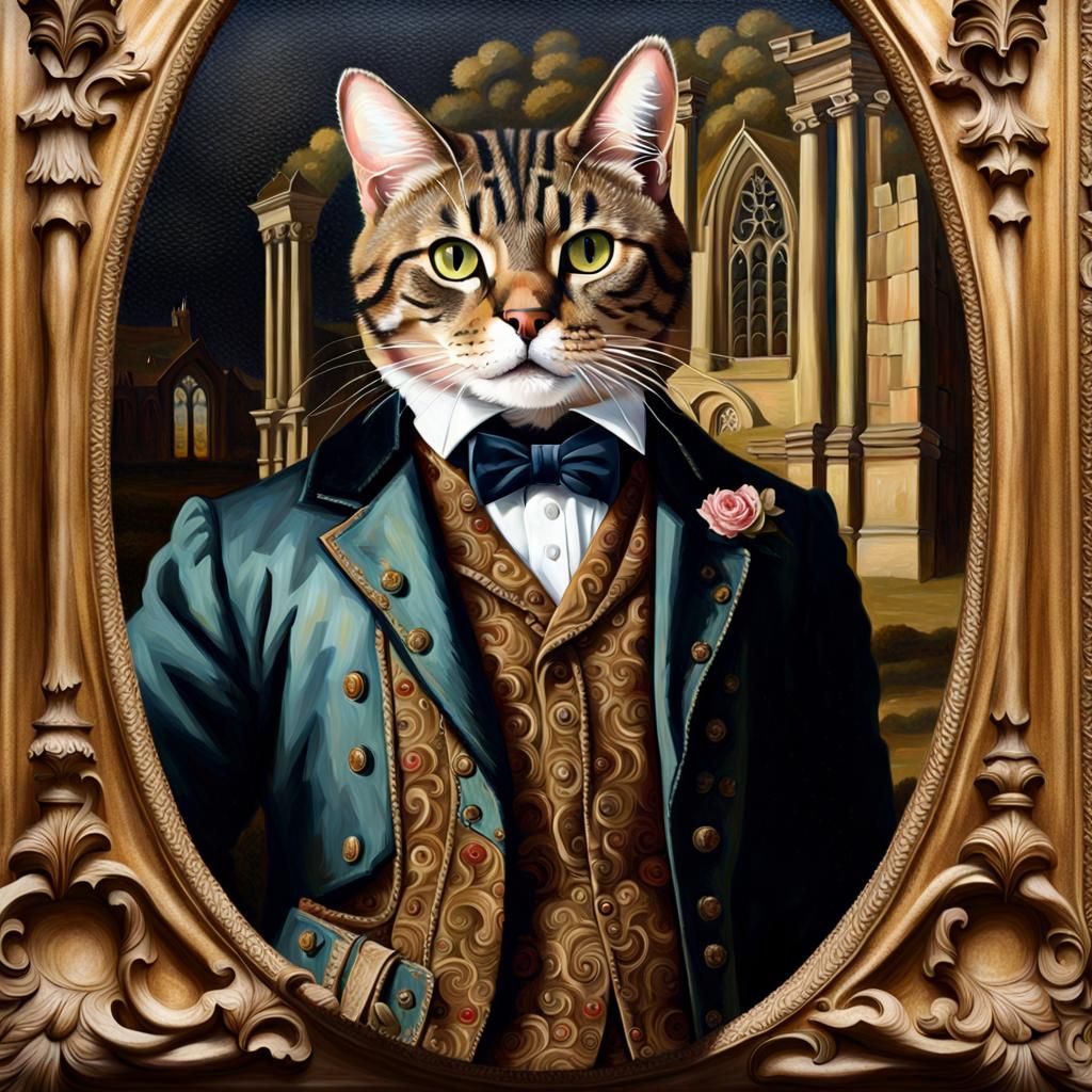 Edwardian Tabby Cat Portrait in Oil