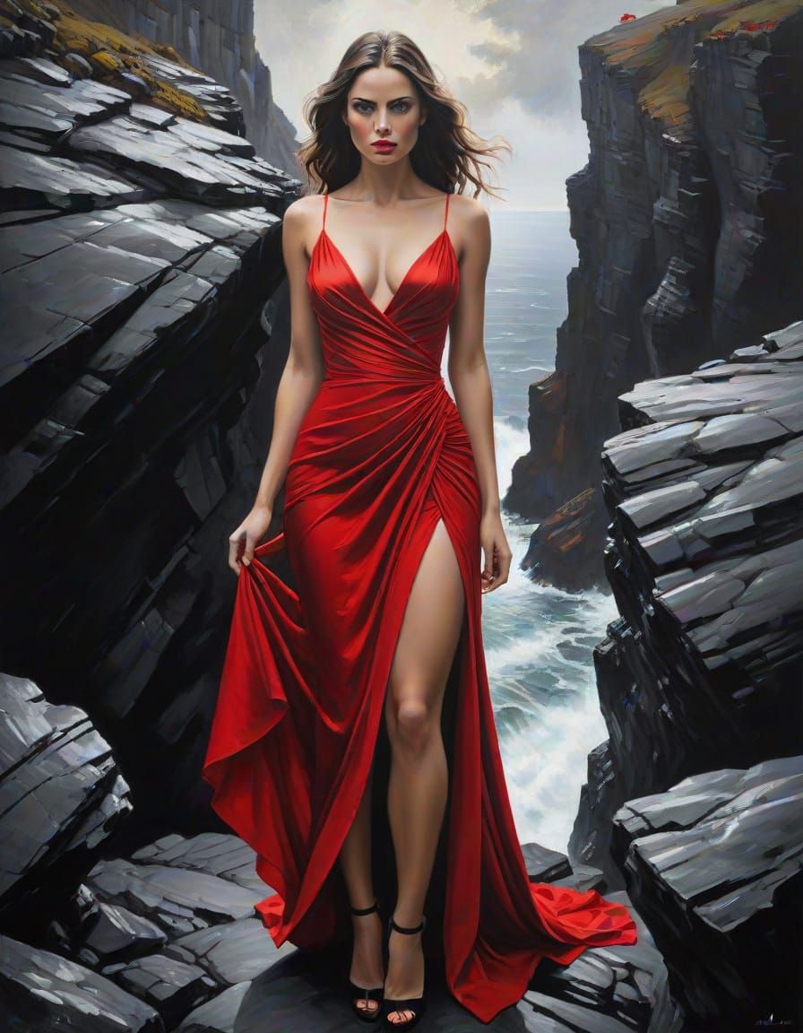 Elegant, Vulnerable Woman on Cliff Edge in Dramatic Impasto ...