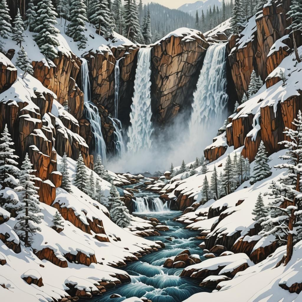 Snowy Mountain Waterfall Scene with Hidden Imagery