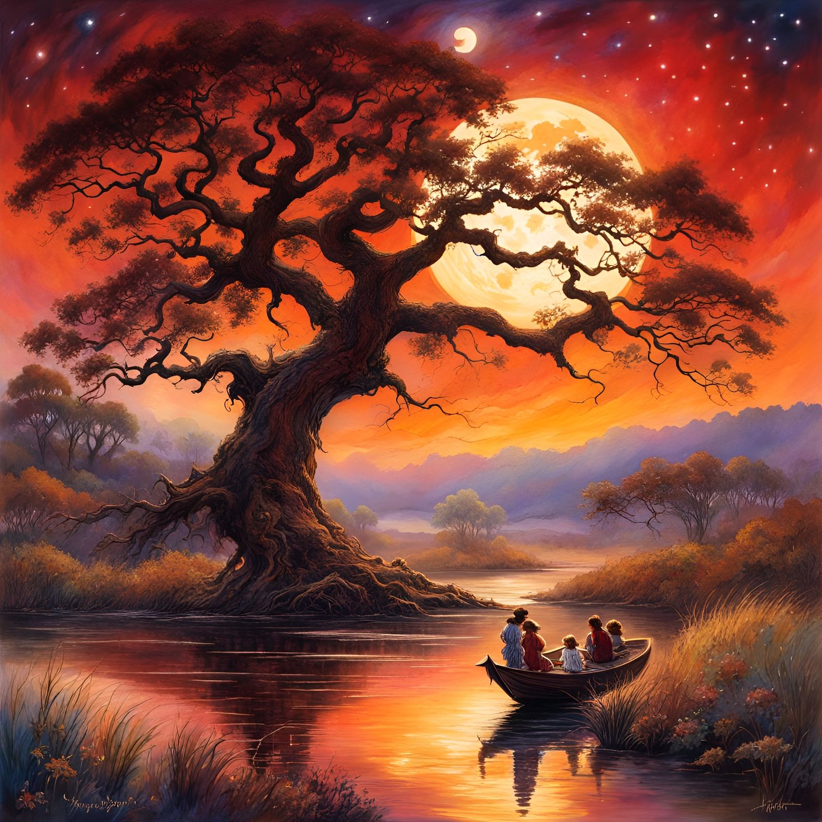 Blood Moon Reflected in Pond Watercolor Illustration