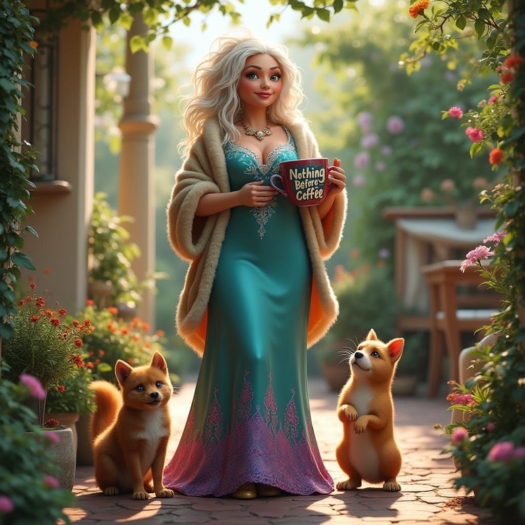 Enchanting Morning in a Lush Garden with Turquoise and Purpl...