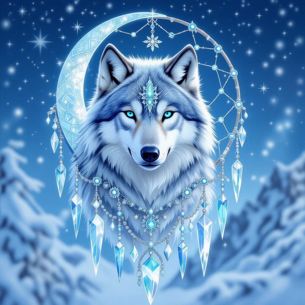 Arctic Wolf Under Crescent Moon with Boho Elements